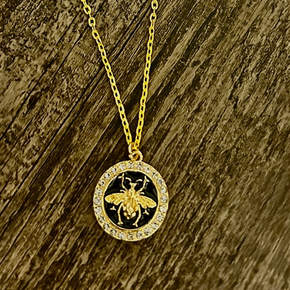 Gold Bee Pendant Necklace with Black Enamel and Crystal Accents